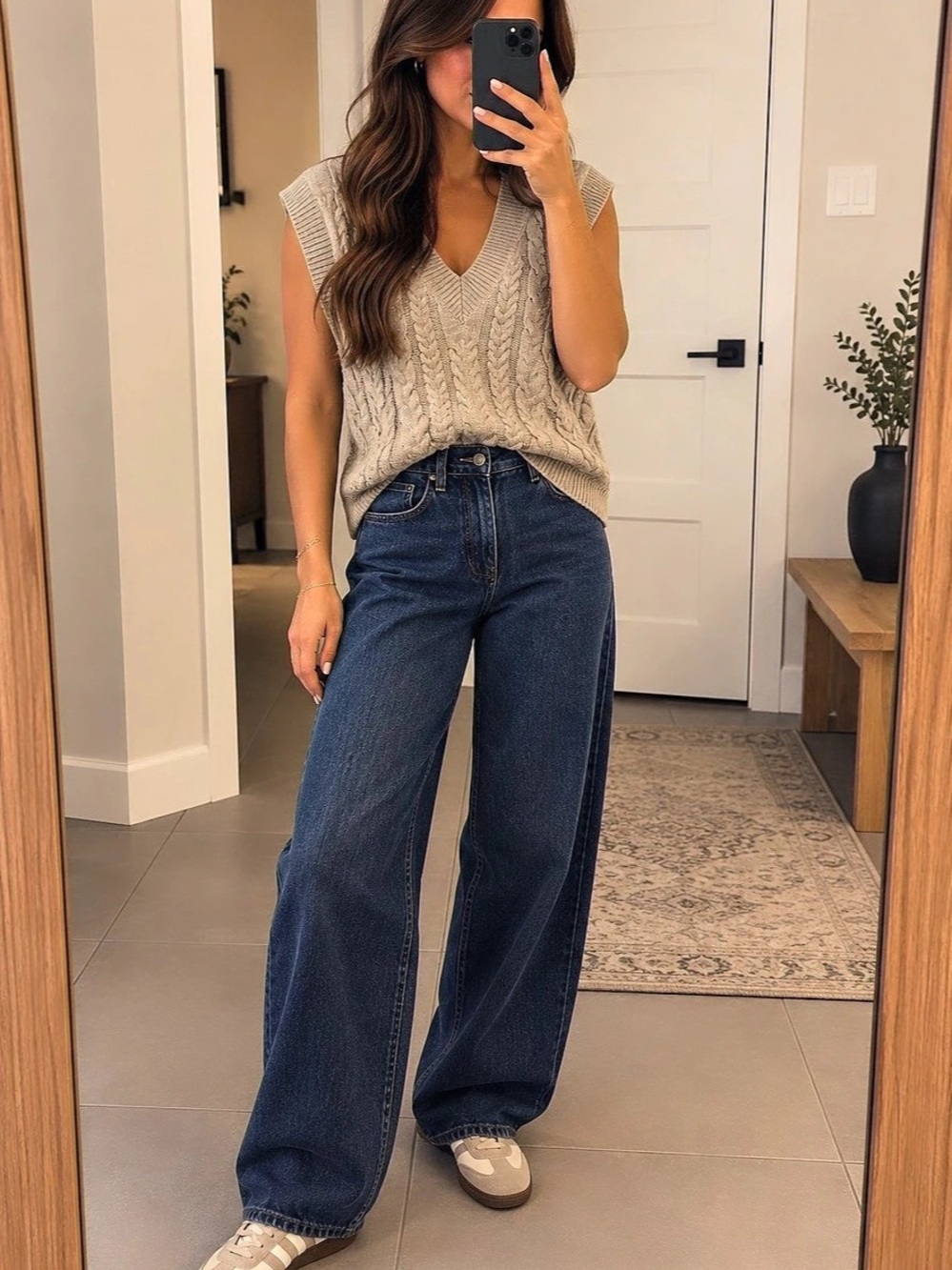 Cable Knit V-Neck Sweater Vest in Gray